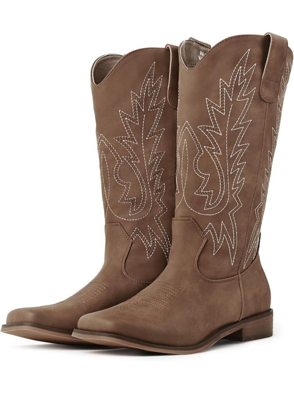 Women's Brown Faux Leather Mid Calf Square Toe Vintage Embroidery Cowgirl Boots
